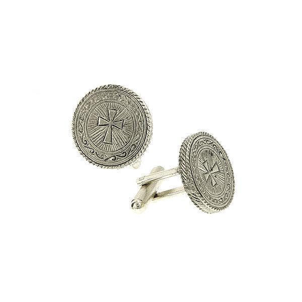 Silver Cross Round Cuff Links Intricate Etched Religious Collection Faith Cufflinks Image 1
