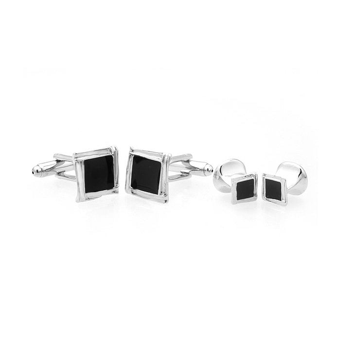 Silver Onyx Cufflinks with Matching Shirt Studs Silver with Square Cuff Links 4 Shirt Studs Comes with Gift Box Image 1