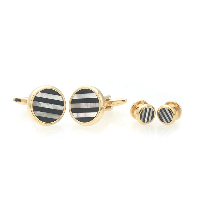 Gold Mother of Pearl Onyx Stripe Cufflinks with Matching  4 Shirt Studs Silver with Cuff Links Shirt Studs Comes with Image 1
