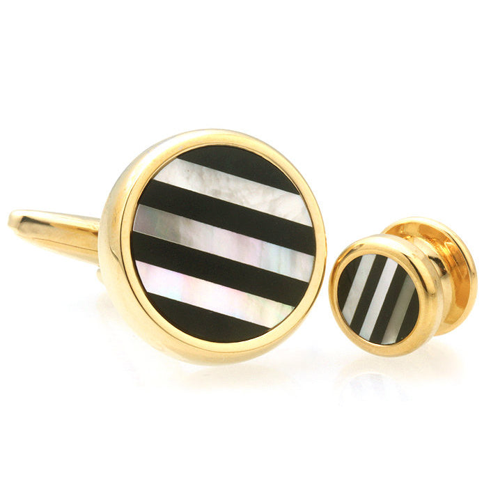Gold Mother of Pearl Onyx Stripe Cufflinks with Matching  4 Shirt Studs Silver with Cuff Links Shirt Studs Comes with Image 2