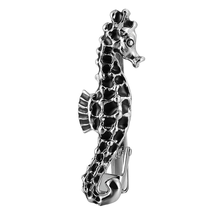 Sea horse Tie Clip Unique and Stunning Silver Seahorse Sea Ocean w Black Crystal Tie Bar Fathers Gift Image 1