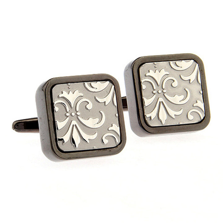 Heavy Thick Gunmetal w Antique Silver Square Brushed Fleur di Lis Cufflinks Cuff Links Image 1