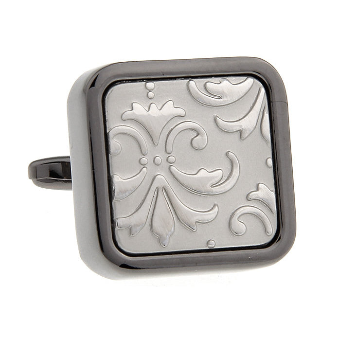 Heavy Thick Gunmetal w Antique Silver Square Brushed Fleur di Lis Cufflinks Cuff Links Image 2