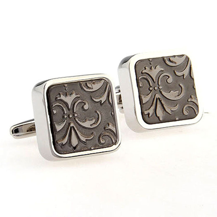 Silver Heavy Thick Brushed Gunmetal Square Fleur di Lis Cufflinks Cuffs Links Image 1