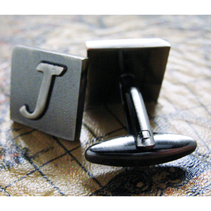 J Initial Cuff Links Mens Cufflinks Gunmetal Square 3-D Letter Vintage English Letters Personalized Wedding Bride Image 1