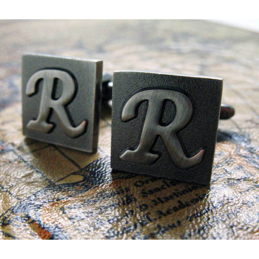 R Initial Cufflinks Gunmetal Square 3-D Letter R Vintage Letters English Cuff Links Groom Father of the Bride Wedding Image 1