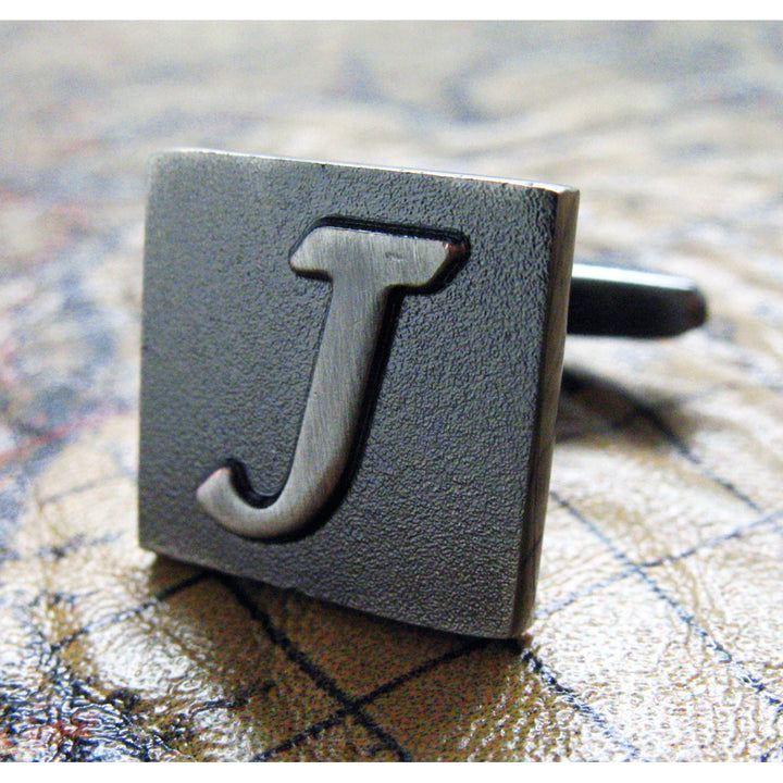 J Initial Cuff Links Mens Cufflinks Gunmetal Square 3-D Letter Vintage English Letters Personalized Wedding Bride Image 2