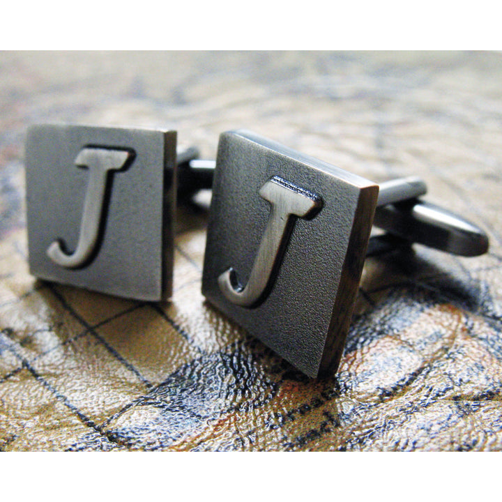 J Initial Cuff Links Mens Cufflinks Gunmetal Square 3-D Letter Vintage English Letters Personalized Wedding Bride Image 3