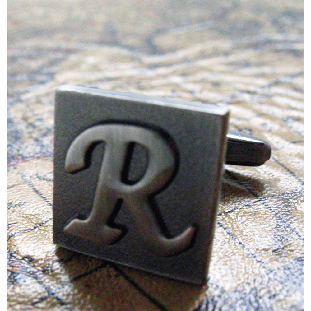 R Initial Cufflinks Gunmetal Square 3-D Letter R Vintage Letters English Cuff Links Groom Father of the Bride Wedding Image 2