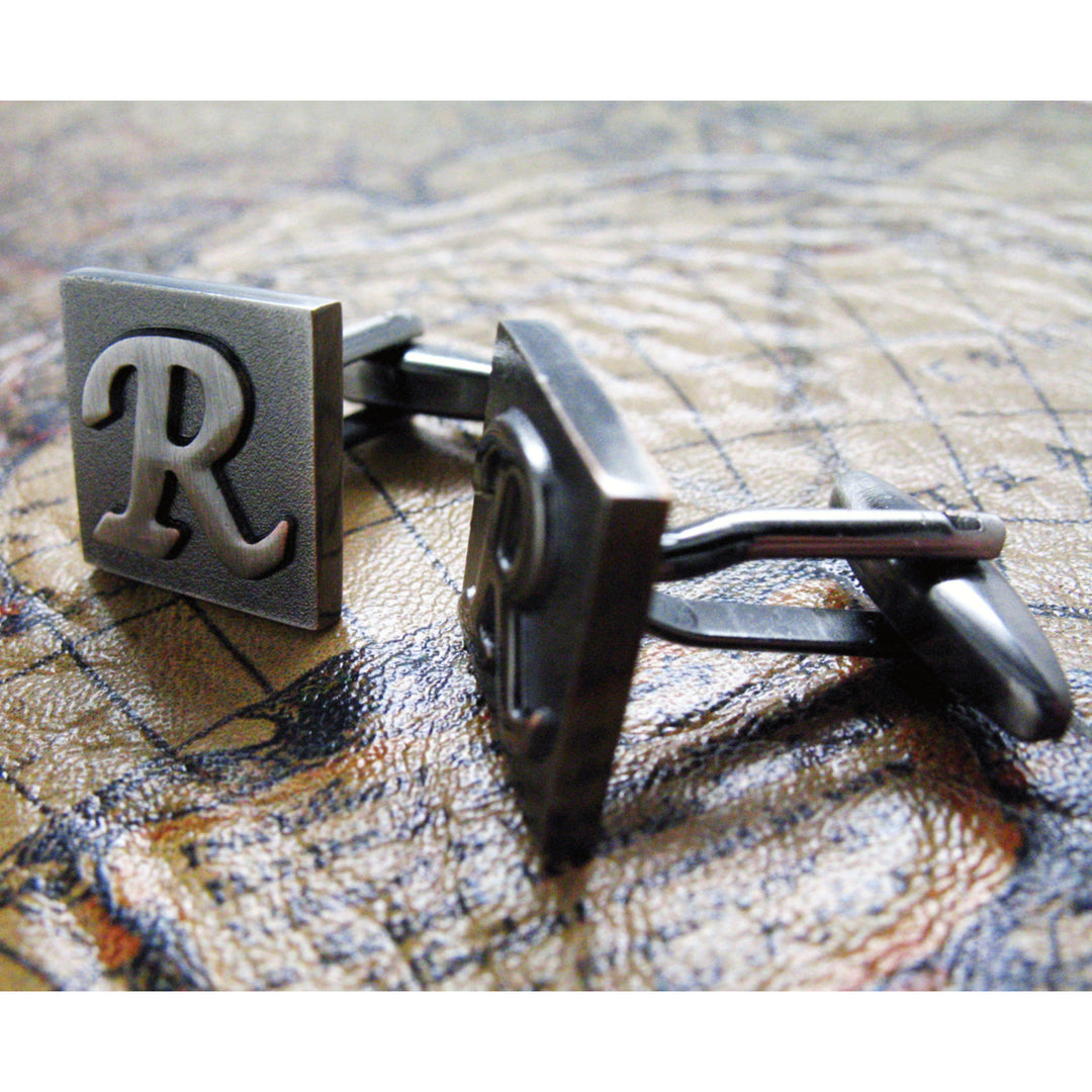 R Initial Cufflinks Gunmetal Square 3-D Letter R Vintage Letters English Cuff Links Groom Father of the Bride Wedding Image 3
