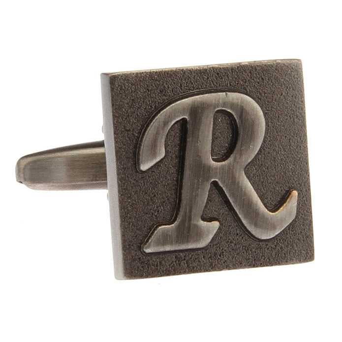 R Initial Cufflinks Gunmetal Square 3-D Letter R Vintage Letters English Cuff Links Groom Father of the Bride Wedding Image 4
