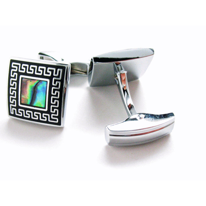 Shiny Silver Cufflinks Grecian Black Framed Abalone Stainless Steel Classic Whale Tail Back Perfect Cuff Links Image 1