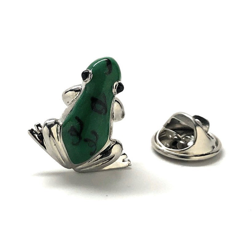 Green Frog Lapel Pin Silver Tone Black Spots Enamel Pin Image 1