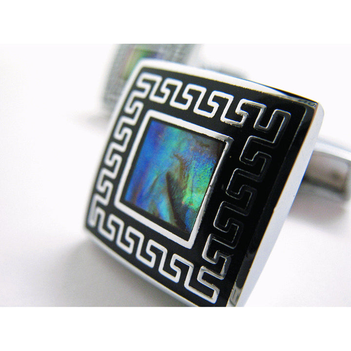 Shiny Silver Cufflinks Grecian Black Framed Abalone Stainless Steel Classic Whale Tail Back Perfect Cuff Links Image 2