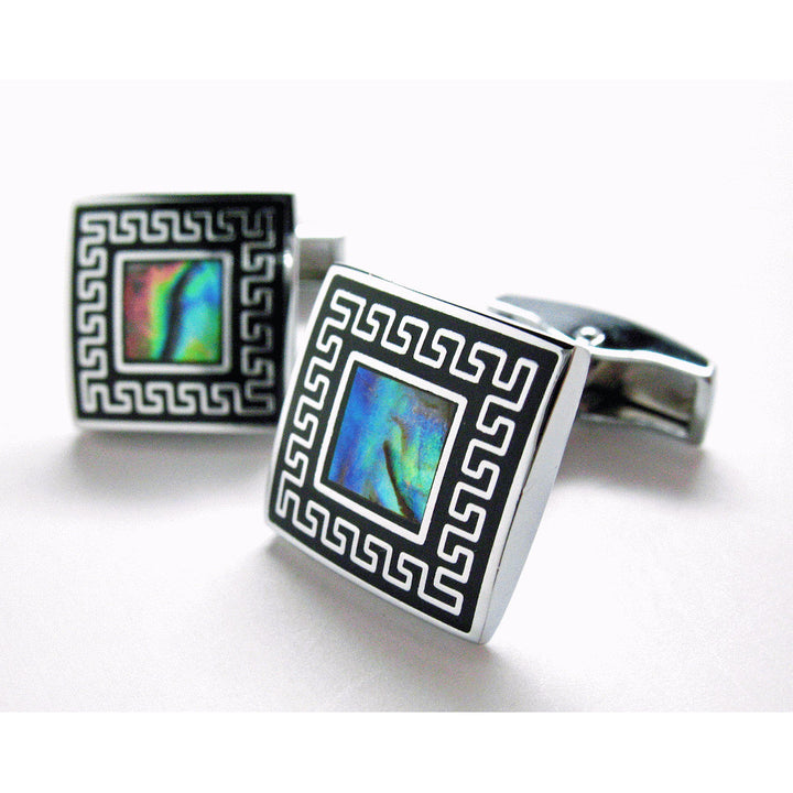 Shiny Silver Cufflinks Grecian Black Framed Abalone Stainless Steel Classic Whale Tail Back Perfect Cuff Links Image 4