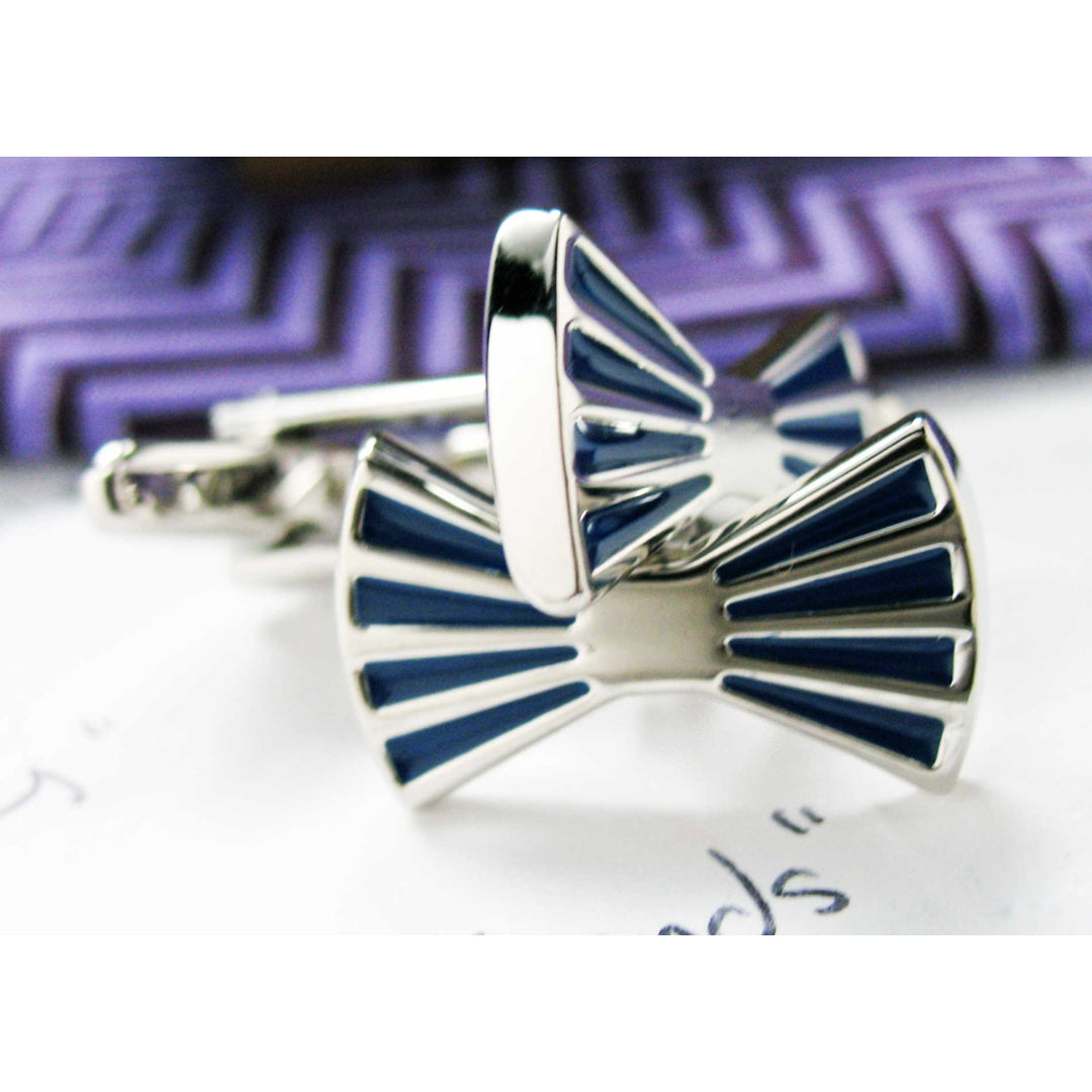 All Tied Up Bow Tie Cufflinks Blue and Silver Toned Striped Cuff Links Groom Father of the Bride Wedding Marriage Image 1