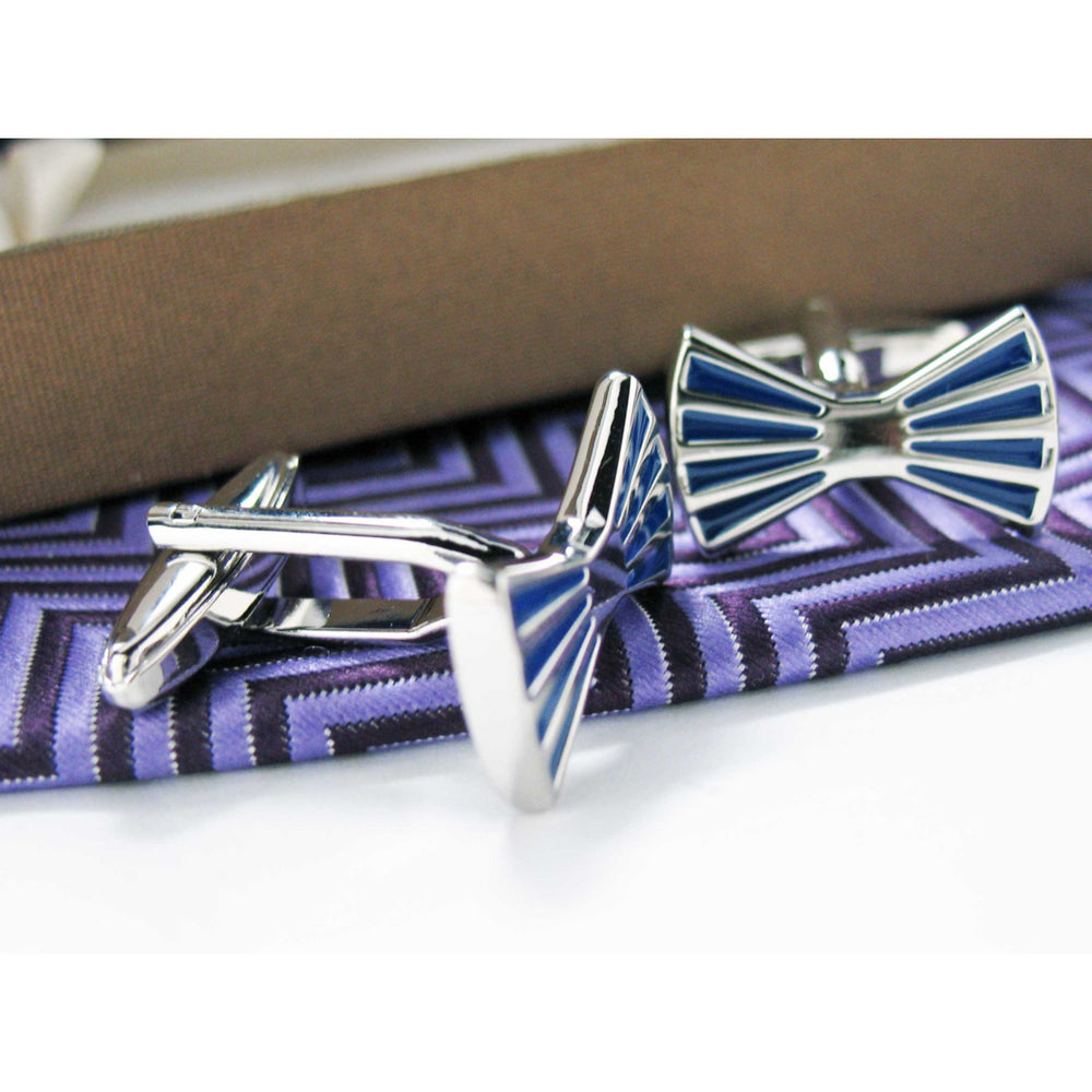 All Tied Up Bow Tie Cufflinks Blue and Silver Toned Striped Cuff Links Groom Father of the Bride Wedding Marriage Image 2