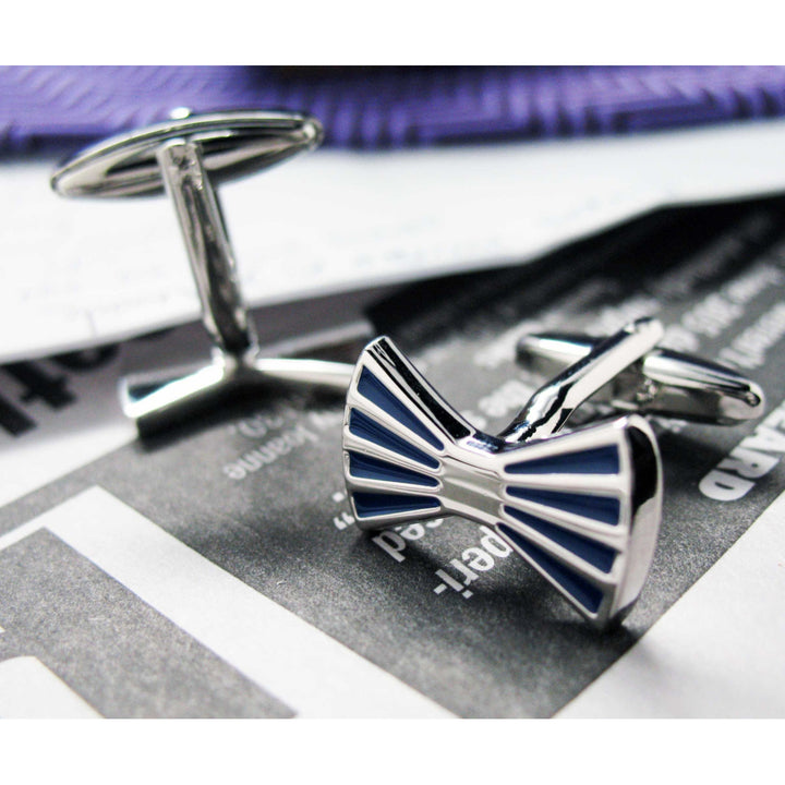 All Tied Up Bow Tie Cufflinks Blue and Silver Toned Striped Cuff Links Groom Father of the Bride Wedding Marriage Image 3