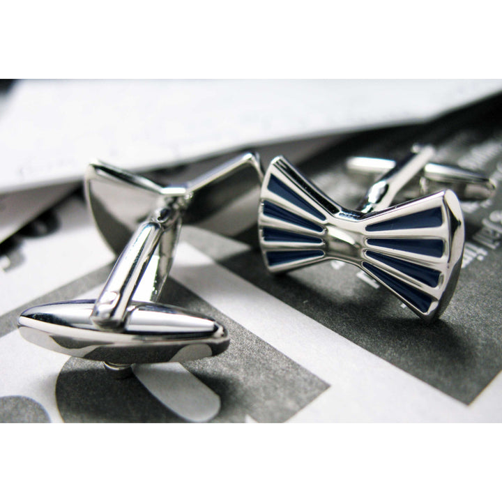 All Tied Up Bow Tie Cufflinks Blue and Silver Toned Striped Cuff Links Groom Father of the Bride Wedding Marriage Image 4