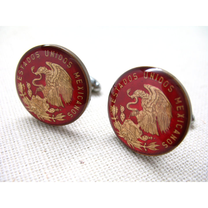 Enamel Cufflinks Mexican Peso Red Eagle Mexico Mexicano Hand Painted Enamel Coin Jewelry Cuff Links Bird Animal Gift Box Image 1