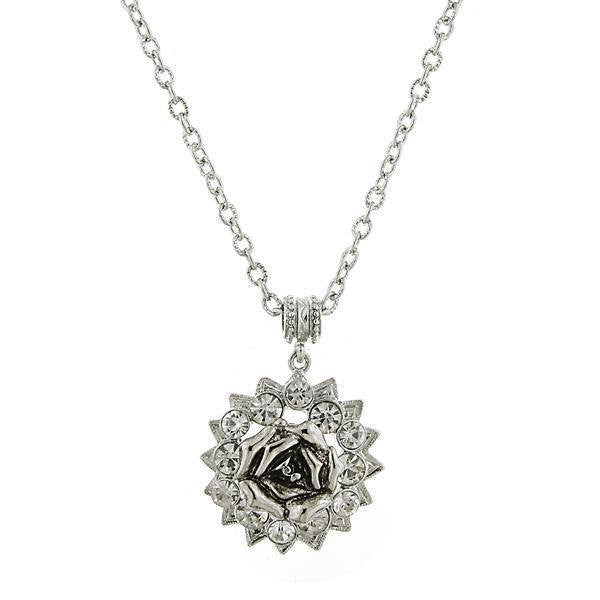 Crystal Pendant Necklace Silver Rose Crystal Framed Wedding Necklace 15" Chain Silk Road Jewelry Image 1