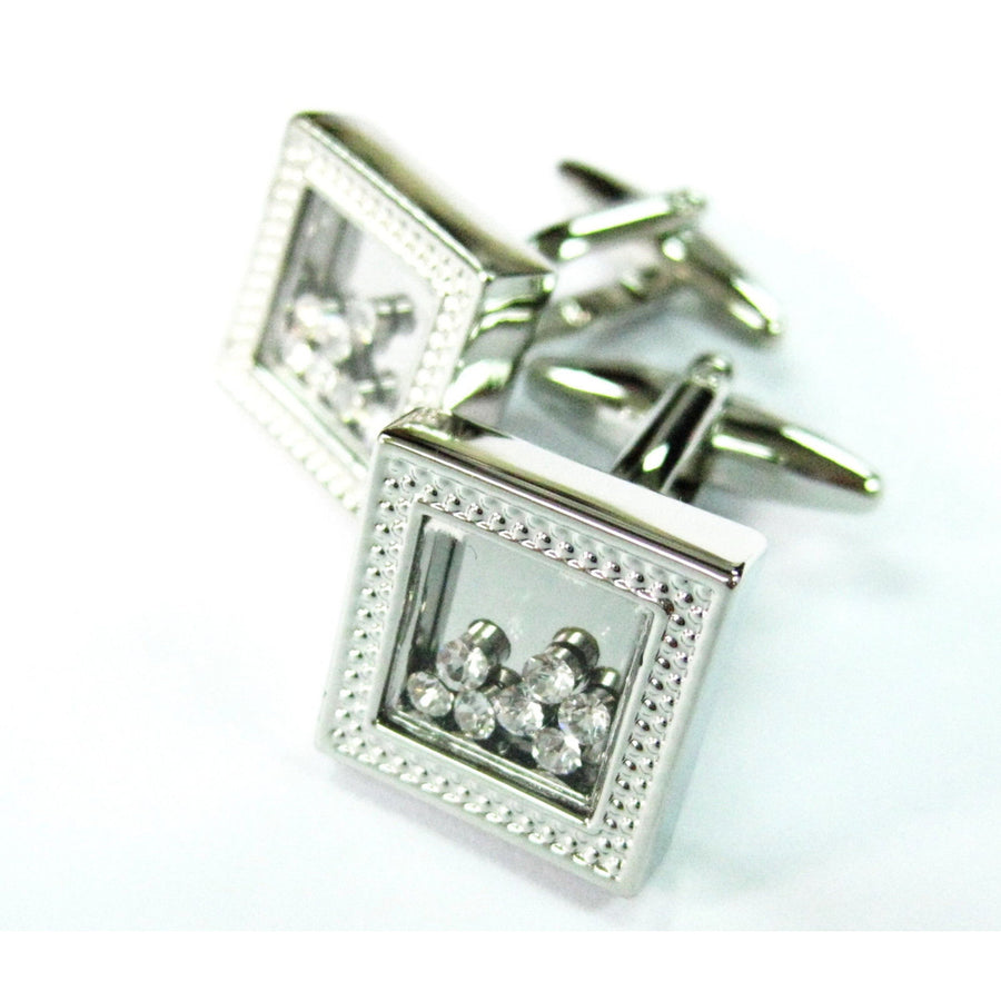Floating Crystals Cufflinks Silver Tone Intricate Framed Box Formal Wear moving Crystals Cuff Links Comes with gift Box Image 1