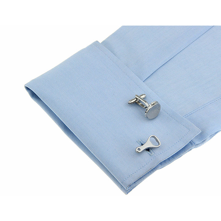 Silver Bottle Opener and Bottle Cap Cufflinks Drinks Beer Party On A Cold One Cool Cuff Links Comes with Gift Box Image 4