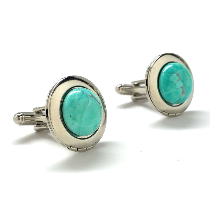 Turquoise Locket Cufflinks Jewelry Silver Tone Round Oval Cuff Links Image 1