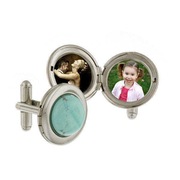 Turquoise Locket Cufflinks Jewelry Silver Tone Round Oval Cuff Links Image 2