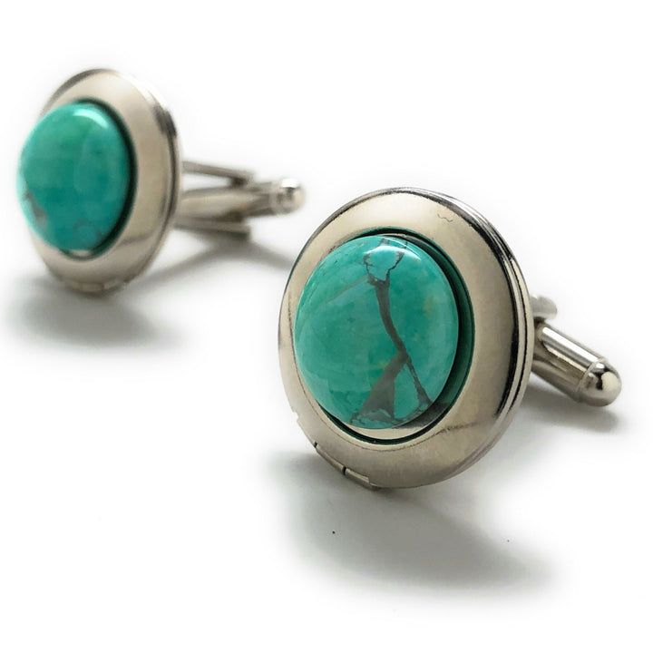 Turquoise Locket Cufflinks Jewelry Silver Tone Round Oval Cuff Links Image 3