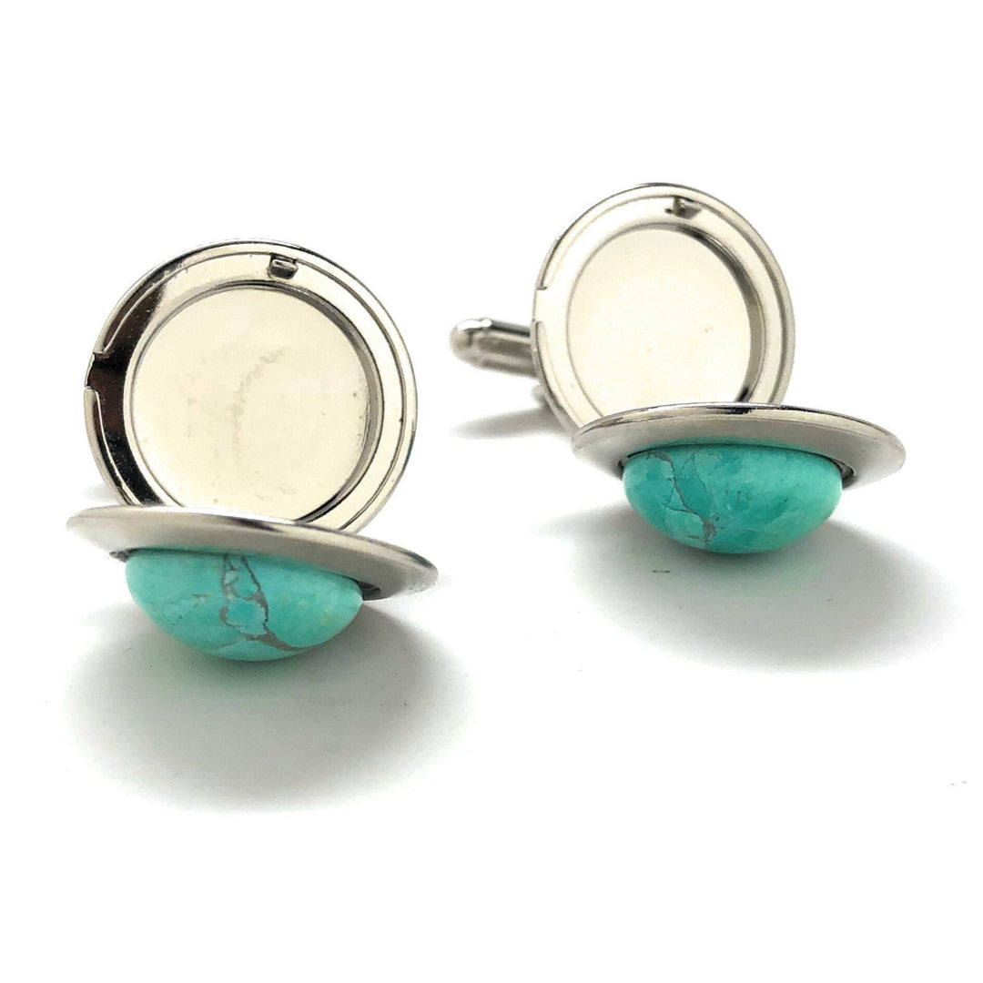 Turquoise Locket Cufflinks Jewelry Silver Tone Round Oval Cuff Links Image 4