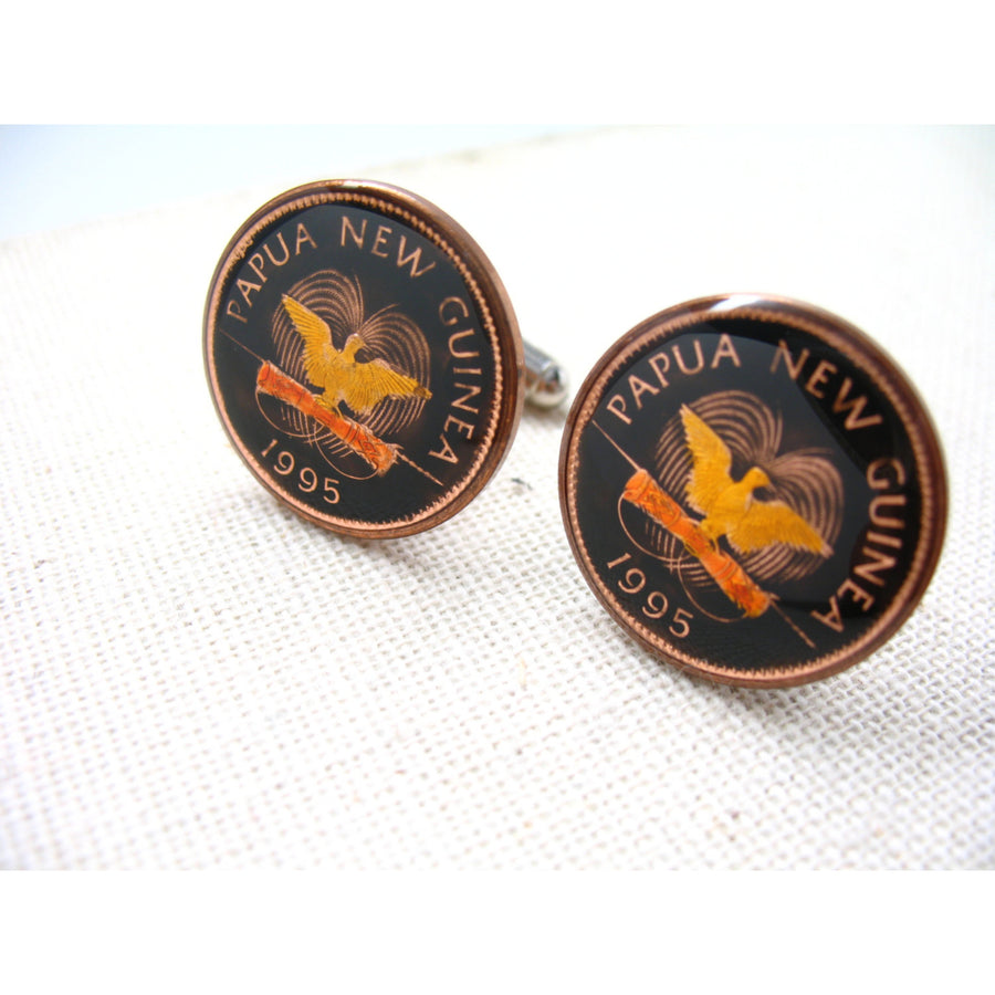 Enamel Cufflinks Hand Painted  Guinea Enamel Coin Jewelry Bird Cuff Links Pacific Papua Melanesia Keepsake Travel Rare Image 1