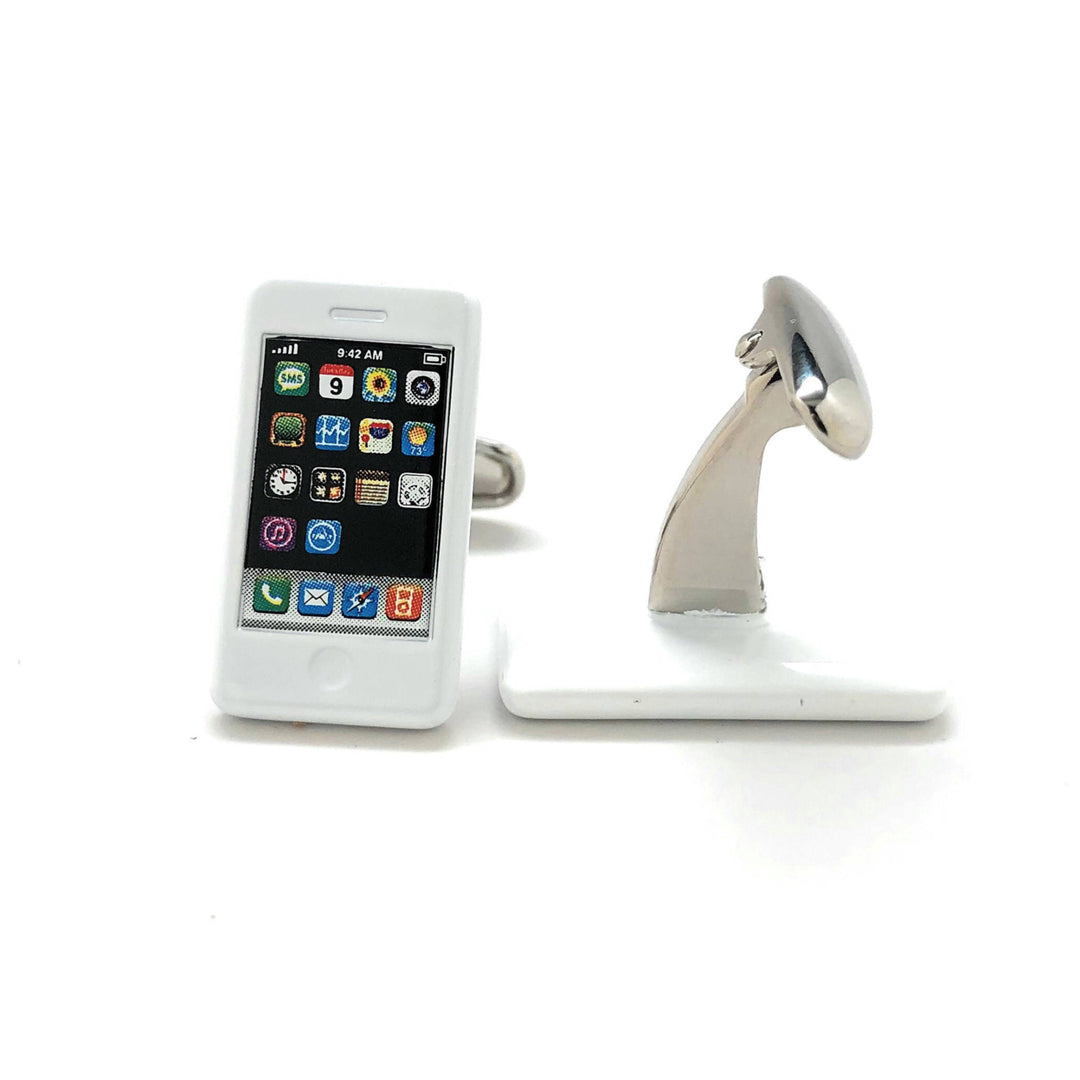 Smart Phone Cufflinks White Edition Nerdy Party Master Telephone Whale Tail Backing Very Cool Fun Cuff Links Handheld Image 3