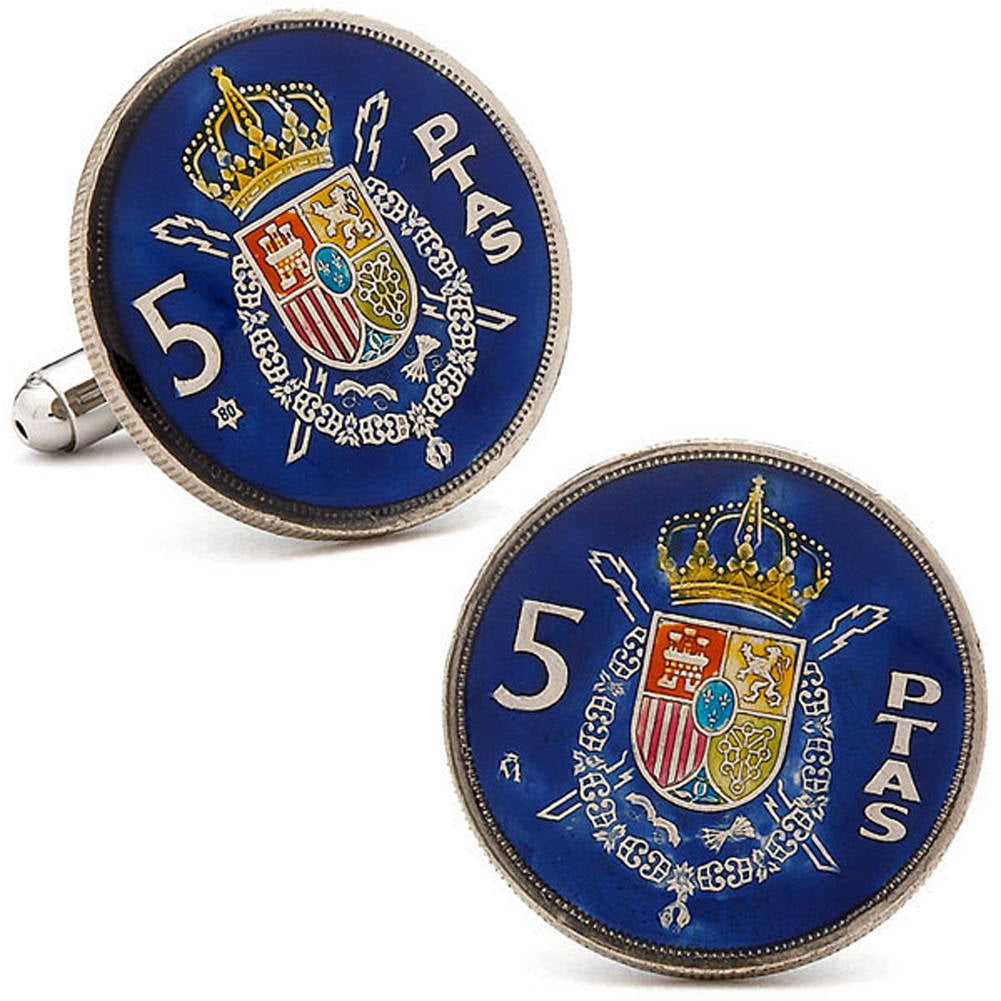 Enamel Cufflinks Hand Painted Spain Barcelona Madrid Malaga Blue Enamel Coin Jewelry Royal Crest Cuff Links Keepsake Image 1