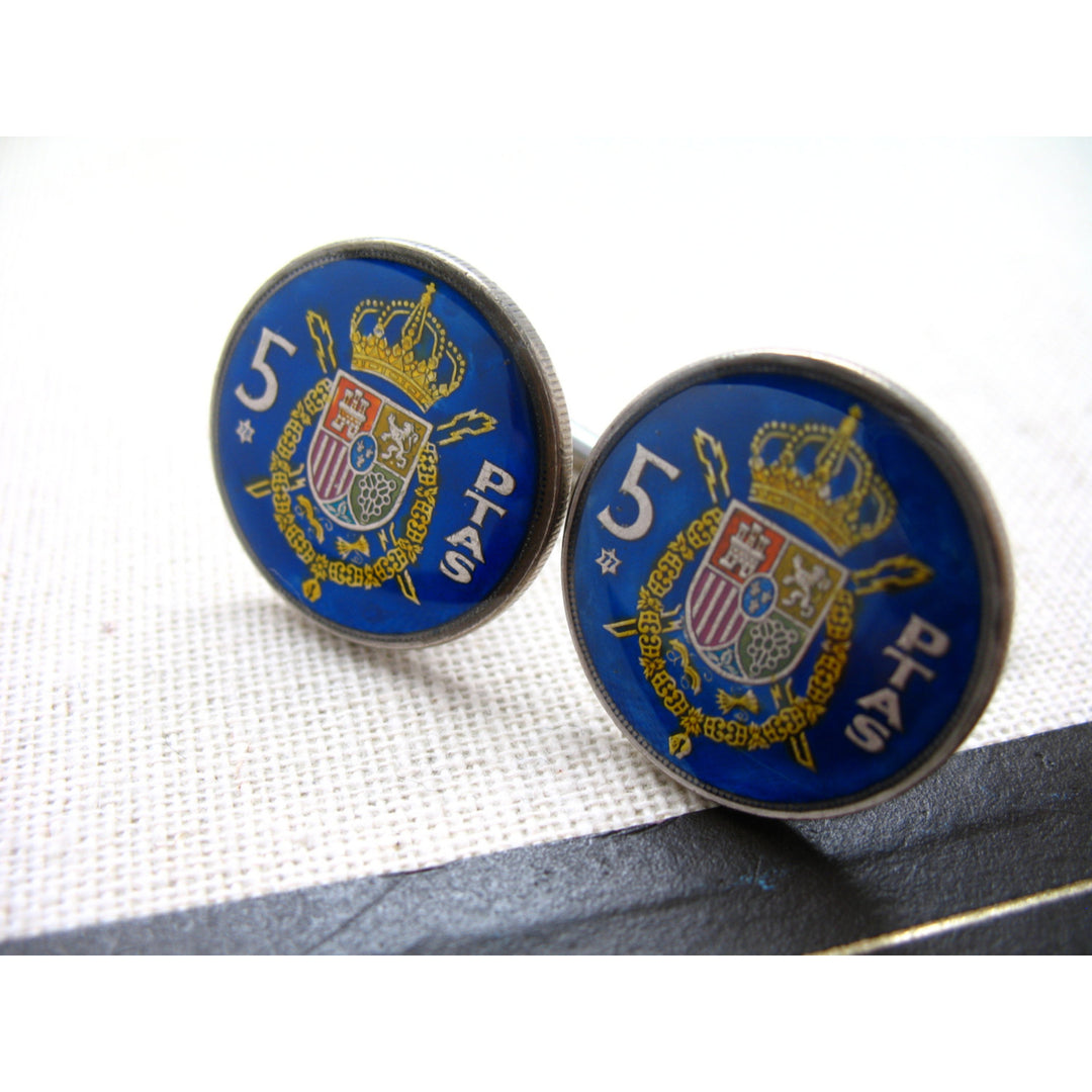 Enamel Cufflinks Hand Painted Spain Barcelona Madrid Malaga Blue Enamel Coin Jewelry Royal Crest Cuff Links Keepsake Image 2
