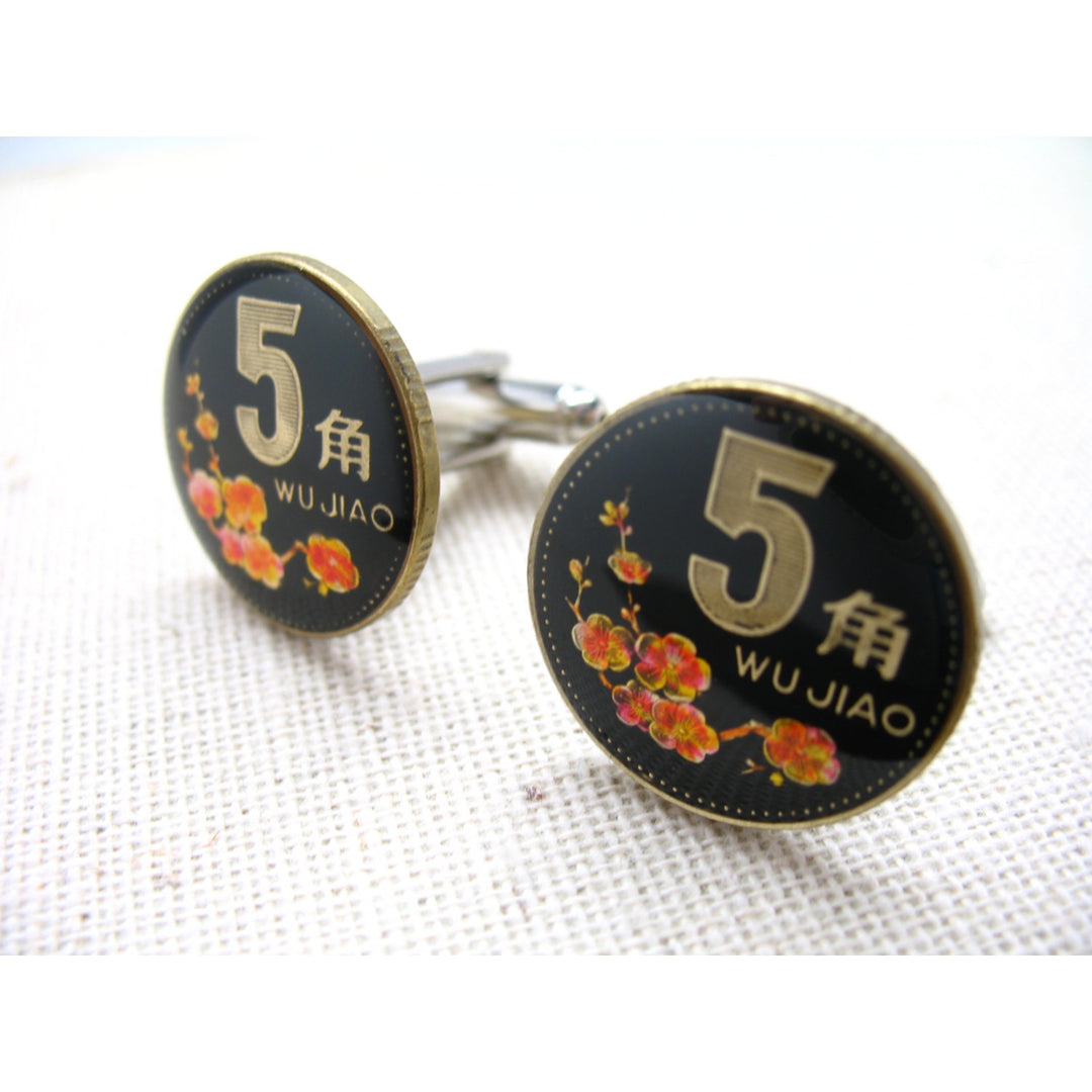 Enamel Cufflinks Hand Painted China Enamel Coin Jewelry Hand Cherry Blossoms Asia Coin Asian Cuff Links Cool rare Image 1