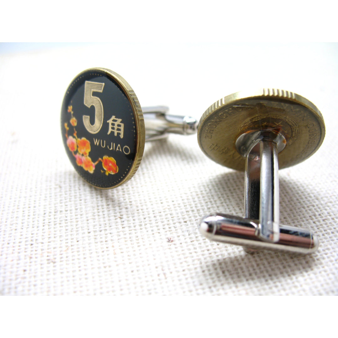Enamel Cufflinks Hand Painted China Enamel Coin Jewelry Hand Cherry Blossoms Asia Coin Asian Cuff Links Cool rare Image 2