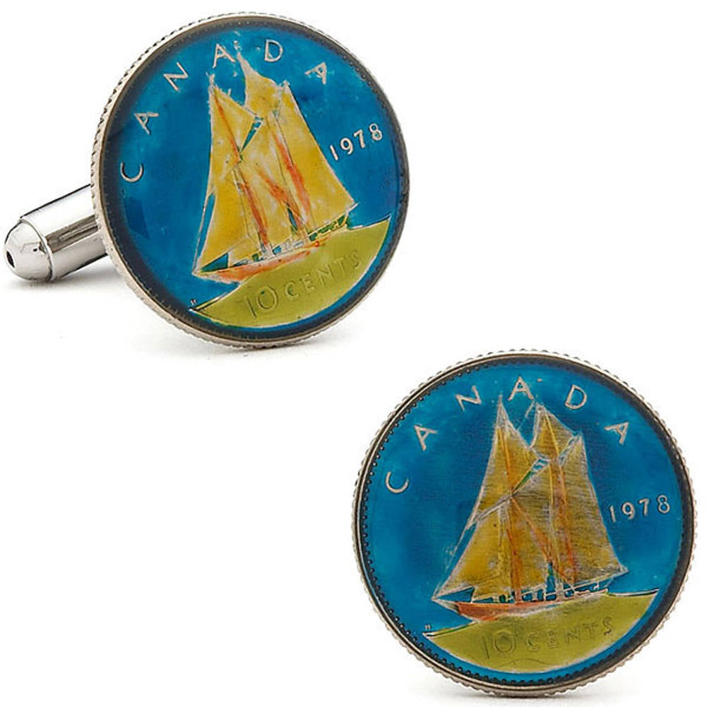 Enamel Cufflinks Canada Hand Painted Enamel Coin Jewelry Boat Ship Canadian Dime sailboat Cuff Links Very Cool Fun Image 1