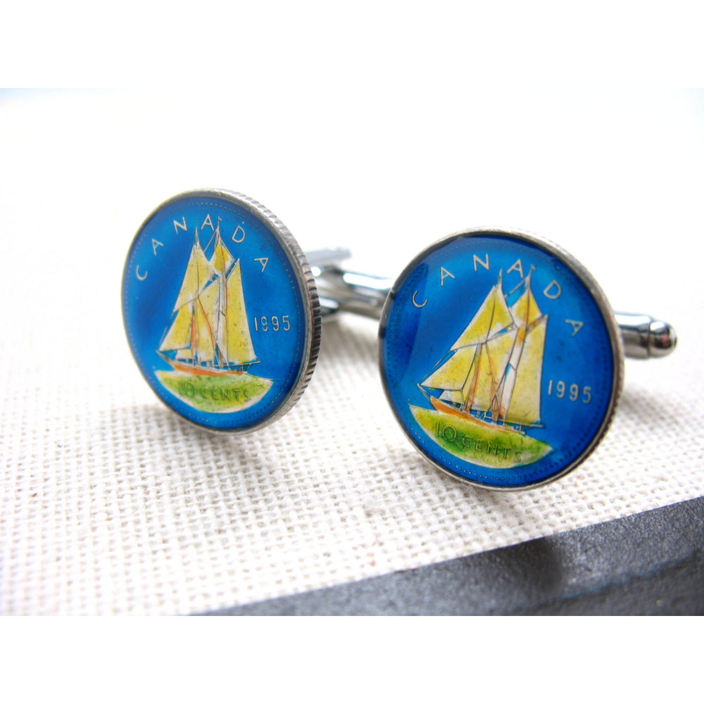 Enamel Cufflinks Canada Hand Painted Enamel Coin Jewelry Boat Ship Canadian Dime sailboat Cuff Links Very Cool Fun Image 2