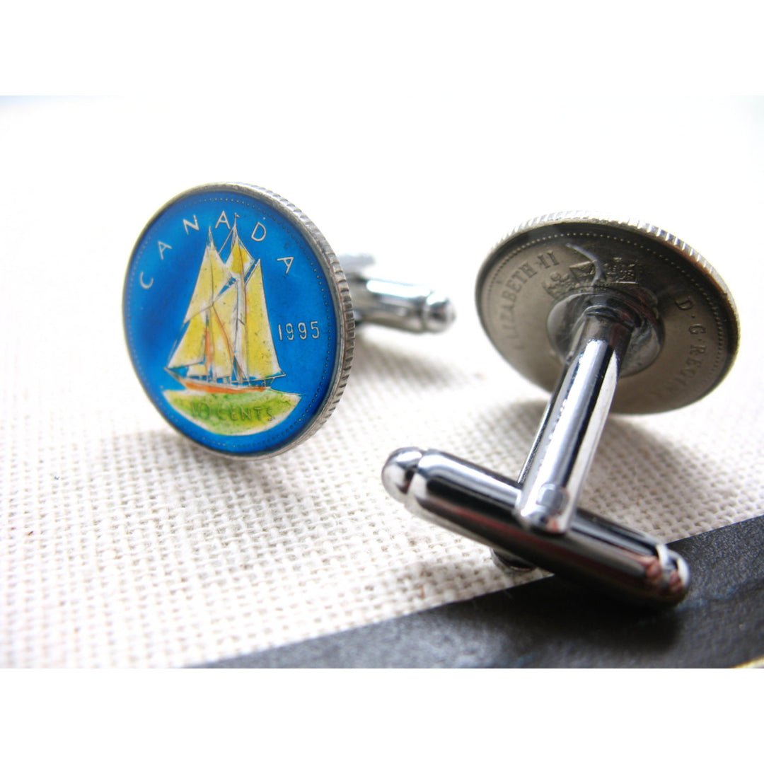 Enamel Cufflinks Canada Hand Painted Enamel Coin Jewelry Boat Ship Canadian Dime sailboat Cuff Links Very Cool Fun Image 3