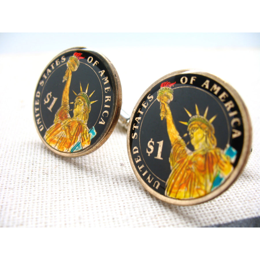 Enamel Cufflinks American Gold Color Coin Cufflinks US Statue of Liberty Proud Pride Hand Painted Jewelry Cuff Links Image 1