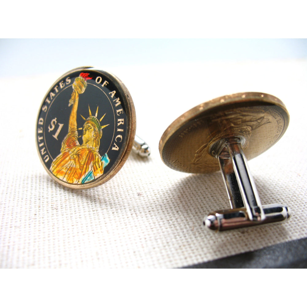 Enamel Cufflinks American Gold Color Coin Cufflinks US Statue of Liberty Proud Pride Hand Painted Jewelry Cuff Links Image 2