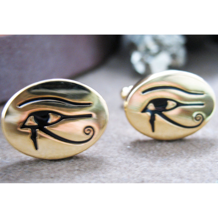 Egyptian Eye Cufflinks Gold Tone Symbol of Protection Royal Power Good Health Cuff Links Bring Luck to those that wear Image 4