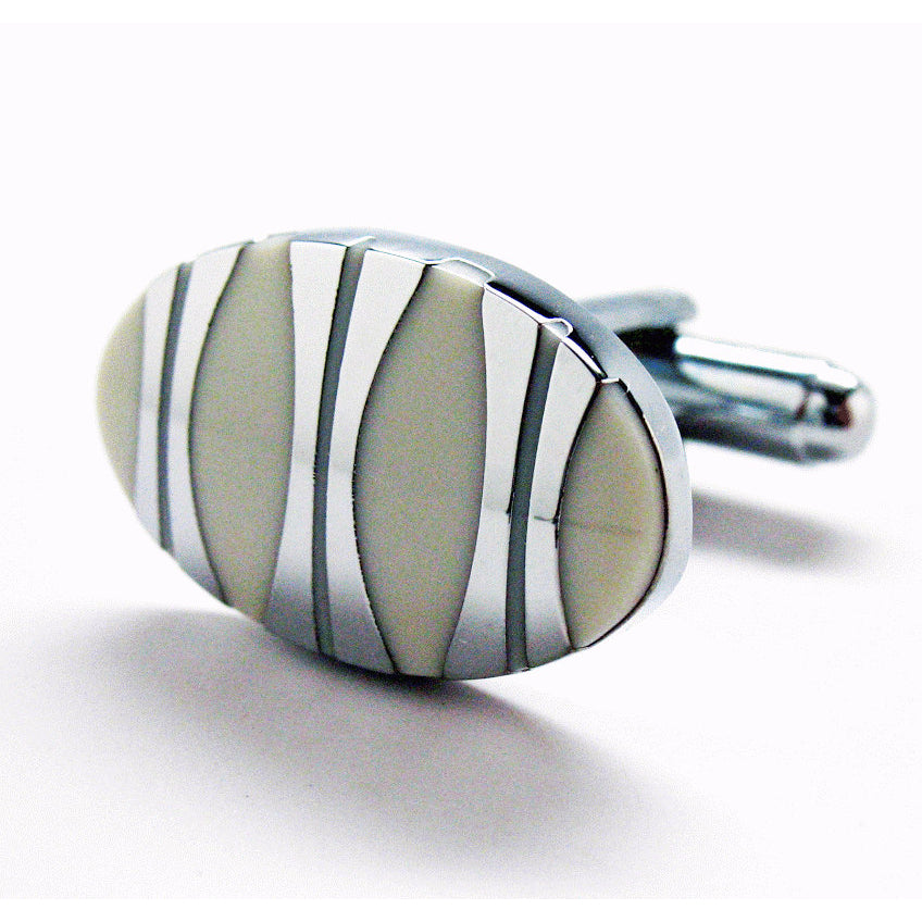 Shiny Silver Cufflinks  York Executive Mother of Pearl Oval Stainless Steel Classic Post Perfect Cuff Links Image 1