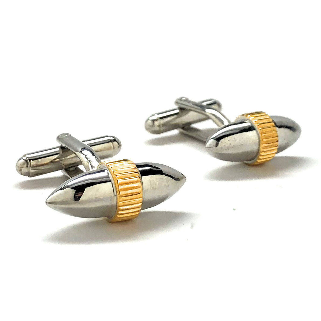 Shiny Silver Cufflinks Unique Bullet Shaped Gold Ringed Stainless Steel Classic Back Perfect Cuff Links Image 1