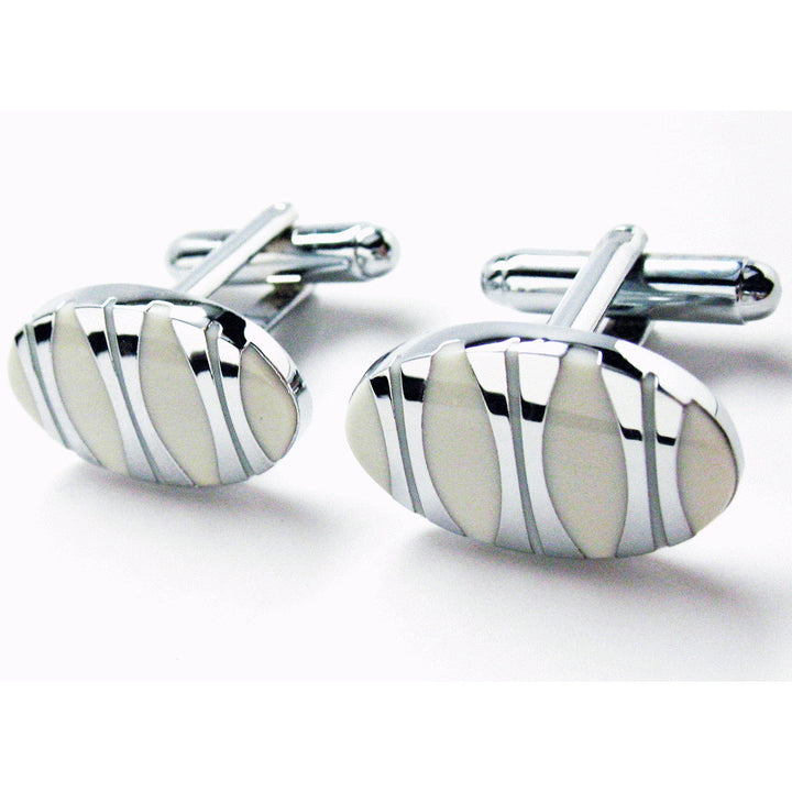 Shiny Silver Cufflinks  York Executive Mother of Pearl Oval Stainless Steel Classic Post Perfect Cuff Links Image 3