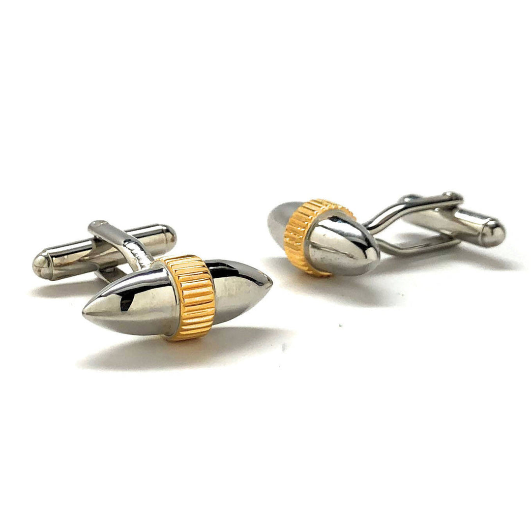 Shiny Silver Cufflinks Unique Bullet Shaped Gold Ringed Stainless Steel Classic Back Perfect Cuff Links Image 2