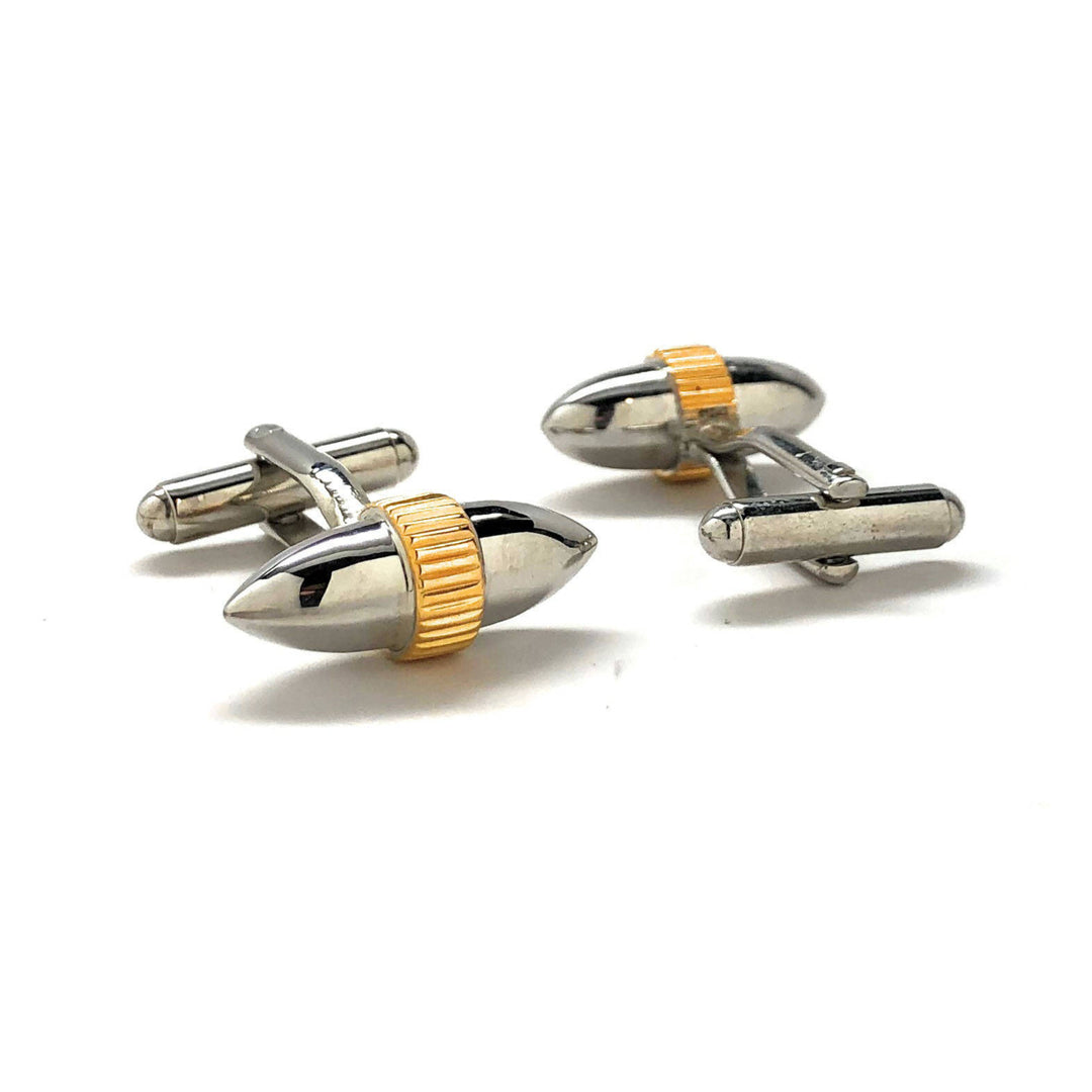 Shiny Silver Cufflinks Unique Bullet Shaped Gold Ringed Stainless Steel Classic Back Perfect Cuff Links Image 3