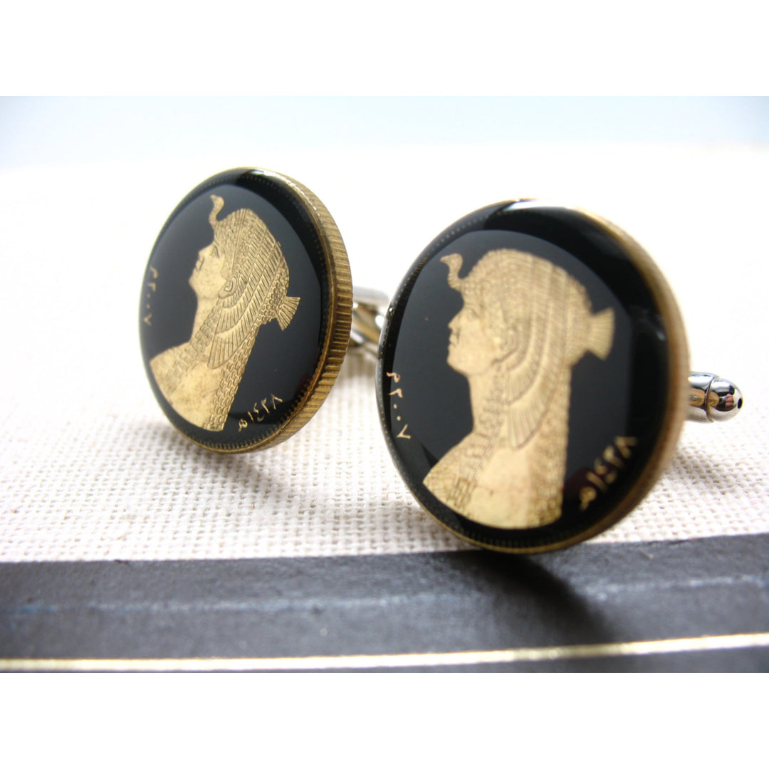 Enamel Cufflinks Cleopatra Hand Painted Enamel Coin Jewelry Egypt Pharaoh Queen Cuff Links Souvenir from World Travels Image 1