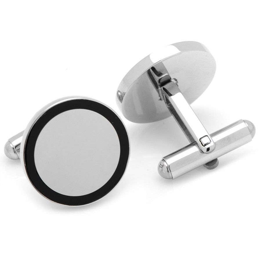 Stainless Steel Silver Round Engravable Black Framed Cufflinks Cuff Links Image 2